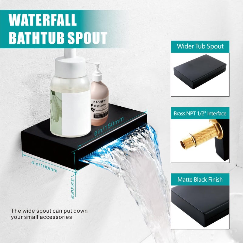 SKOWLL Tub Faucet with Handheld Sprayer, Matte Black Bathtub Faucet Wall Mount Waterfall Tub Faucets High Flow, Modern Bathroom Tub Filler Single Handle Faucet Set Rough in Valve - Image 5